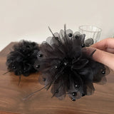 Daiiibabyyy  New Fabric Large Feather Pearl Flower Hair Clip for Women Korean Fashion Light Luxury Shark Clip Girl Hair Accessories