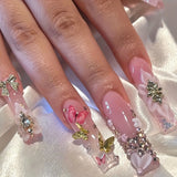 Daiiibabyyy  24Pcs Long Square Head Fake Nails 3D Butterfly Flower Bow Press on False Nails Rhinestone French Wearable Full Cover Nails Tips