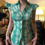 Daiiibabyyy  New American Style Y2k Retro Green Plaid Shirt Women Fly Sleeves Polo Collar Tie Waist Spicy Girl Top