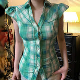 Daiiibabyyy  New American Style Y2k Retro Green Plaid Shirt Women Fly Sleeves Polo Collar Tie Waist Spicy Girl Top