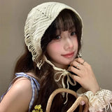 DAIIIBABYYY  -  Korean Version of Pastoral Style Hollow Fringed Triangular Headscarf Women's Summer Simple and Versatile Knitted Headband