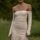 Daiiibabyyy  Fashion Strapless Long Sleeved A-line Dress Office Casual High Waist Pleated Robe Dress Lady One Shoulder Solid Evening Dresses