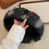 Daiiibabyyy  Japanese Retro Star Embroidered Denim Berets Cap Y2K Summer and Autumn Casual Versatile Literary Personality Women's Hats