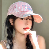 DAIIIBABYYY  -  Korean Pink Plaid Flower Splicing Baseball Cap Women's Spring and Summer Outdoor Versatile Sweet Sunshade Adjustable Sports Hat