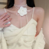 Daiiibabyyy -  Sweet White Color Wool Plush Flower Adjustable Tassel Pendant Necklaces for Women Mink Hair Ball Simulated Pearl Chokers