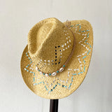DAIIIBABYYY  -  Handmade Braided Straw Hats Wave Pattern Beach cap Hollowed Out Shell Straw Hat Fashion Rolled Brim Western Cowboy Straw Hat