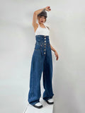 Daiiibabyyy 2024 Street Retro Wide-Leg Women's Jeans Button Design Sense Ins High-Waisted Thin Drape Straight Women's Trousers