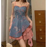 DAIIIBABYYY  -  Korean Fashion Irregular Spliced Camis Waist Slim Summer New Design Sense Chic Contrast Color Denim Midi A-Line Sexy Fairy Dress