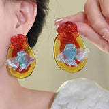 Daiiibabyyy  Resin Oval Koi Flower Earrings for Women New Chinese Retro Earrings 2025 Hot Trendy Drop Earring Luxury Designer Jewelry