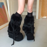 Daiiibabyyy  Faux Rabbit Fur Leg Warmers Winter Thickened Plush Bow Tie Plush Leggings Cold Protective Leggings Boot Cover Y2k Punk Socks