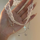 Daiiibabyyy  New Lace Cross Pendant Necklace for Women Punk Metal Butterfly Tassel Choker Necklace Y2K Halloween Jewelry Accessories ﻿