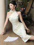 DAIIIBABYYY  -  Summer White Acetate Satin Jacquard Chic Neck-mounted Dress Women Elegant Bodycon Festival Dress 2025 Korean Fashion Party Dress