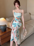 DAIIIBABYYY  -  Summer Boho Print Mesh Chic Ruffled Long Dress Women Elegant Bodycon Sling Sexy Dress 2025 Korean Fashion Luxury One Piece Dress