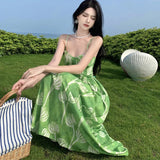 Daiiibabyyy  Suspender dress for women's summer beach vacation beach dress green flower high waisted long dress waist cinched suspender SFEV