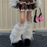 Daiiibabyyy  Punk Bow Tie Faux Rabbit Fur Leg Warmers Winter Warm Thickened Plush Leggings Socks Cold Protective Y2kBoot Cover  Socks