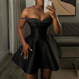 DAIIIBABYYY  -  Black Sequin Patchwork Slim A-line Dress Lady Sexy Off Shoulder Pleated Suspender Dress Casual Sleeveless High Waist Party Dress
