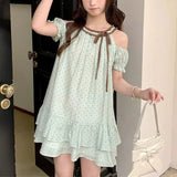 Daiiibabyyy  Summer Mint Green Polka Dot Layered Mini Dress Sweet Off Shoulder Female Clothing O-Neck Stylish Drawstring Bow A-Line Dresses