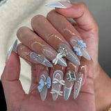 Daiiibabyyy  White Glitter Powder Bowknot Long Pointed Fake Nails Art Ballet False Nail Cow Print Pearl Rhinestone Pink Almond Press on Nails