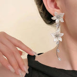 Daiiibabyyy  Fashion Crystal Flower Tassel Drop Earrings for Women Girls Exquisite Zircon Pink Petal Long Earrings Wedding Jewelry Gifts