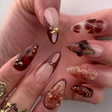 Daiiibabyyy  24pcs Vintage Flower Press On Nails Wine Red Bowknots Cherry Designs Almond False Nails French Style Reusable Fake Nail Tips