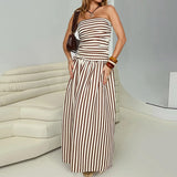 Daiiibabyyy  Casual Street Vacation Style Strapless Stretchable Long Dress Summer Fashion Stripes Printing Ruched Comfort Retro Sundress
