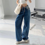 Daiiibabyyy 2024 Street Retro Wide-Leg Women's Jeans Button Design Sense Ins High-Waisted Thin Drape Straight Women's Trousers