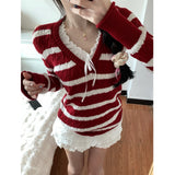 DAIIIBABYYY  -  Women's Contrast Stripes V-neck Bow Long-sleeved Twist Sweaters Autumn and Winter Casual Slimming Versatile Pullovers Knitwear