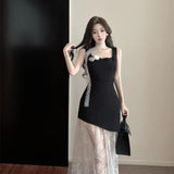 Daiiibabyyy  French  flower square neck vest splicing lace dress summer new temperament age-reducing versatile dress