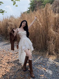 Daiiibabyyy  White Irregular Suspender Dress Fairy Early Spring and Autumn French Style Escape Princess Style Waist-closing Skirt