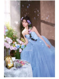 Daiiibabyyy  Blue Light Luxury Applique Wedding Dresses Women Sweetheart Strapless Lace Up Evening Bridal Dress Elegant Prom Party Ball Gown
