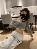 DAIIIBABYYY  -  Pure Sexy Letter Print Off Shoulder T-shirt Women's Autumn Hot Girl Long-sleeved Short Slim Fitted Top Fashion Female Clothes