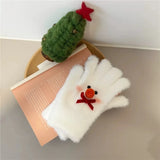 Daiiibabyyy  Winter Warm Sweet Bow Plush Gloves for Women Five-finger Gloves Cartoon Red Nose Snowman Mittens Girls Christmas Friend Gifts