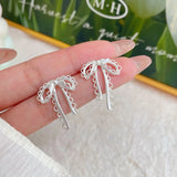DAIIIBABYYY  -   Korean Fashion Ballet Ribbon Bow-knot Drop Earrings Women INS Silver Plated Pearl Rhinestone Bow Tassel Earring Jewelry