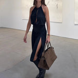 Daiiibabyyy  Fashion Sleeveless Hollow Out Maxi Dress Elegant High Waist Backless Pleat Party Dress Summer Solid Color Fit Commute Lady Dress