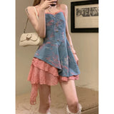 DAIIIBABYYY  -  Korean Fashion Irregular Spliced Camis Waist Slim Summer New Design Sense Chic Contrast Color Denim Midi A-Line Sexy Fairy Dress