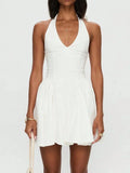 Daiiibabyyy  Women's White Halter Neck Pleated Mini Dress For Summer Street Beach Party