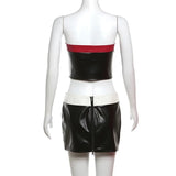 Daiiibabyyy 2024 Summer Contrast Colors Patchwork Slim 2 Piece Set Women Sexy Strapless Sleeveless Crop Top Zipper Mini Skirt Streetwear
