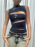 DAIIIBABYYY  -  Pure Sexy Hollow Out Imitation Denim Vest Top Women's Summer O-neck Slim Fit Tank Fashion Female Clothes