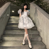 DAIIIBABYYY  -  A-line Organza Dresses Female Square Collar Puff Sleeve Robe Femme Slim Waist Sweet Mini Dress Summer Korean Vestido