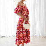 Daiiibabyyy  Casual Women Sweet Spring Puff Short Sleeve Party Dress 2025 Female Big Hem Dress Elegant One Shoulder Floral Print Long Dress