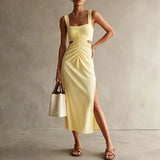 Daiiibabyyy  Elegant Side Slit Hight Waist Slim Summer Dress  Women Casual Draped Party Dresses Fashion Square Neck Hollow Out Long Dress