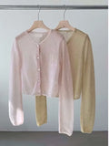 Daiiibabyyy  Lightweight Sheer Knit Cardigan Women Round Neck Single Button Front Long Sleeve Soft Layering Top