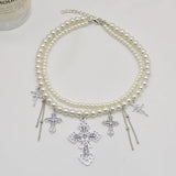 DAIIIBABYYY  -  Double layer pearl tassel necklace personalized diamond cross pendant necklace