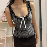 DAIIIBABYYY  -  Women's New Summer Pullovers Square Collar Bow Plaid Spliced Floral Fashion Sweet Fresh Slim Sleeveless Vests Comfortable Tops