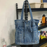 Daiiibabyyy  Casual Handbag Large Capacity Denim Tote Bag Fashion Everything High Appearance Level Shoulder Bag Commuter Underarm Bag