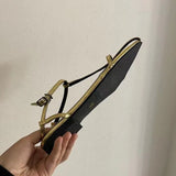 Daiiibabyyy 2024 New Brand Gold Women Sandal Fashion Narrow Band Flat Heel Ladies Gladiator Shoes Pointed Toe Ankle Buckle Zapatos Muje