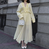 Daiiibabyyy  2025 Elegant Sexy Chiffon Summer Tops Pleated Ruffles Trim V-neck Long Sleeved Sheer Loose Shirts Blouse Holiday Streetwear