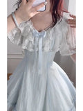 Daiiibabyyy  Coquette Sweet Lolita Dress Women Lace Trim Bow Ruffle Short Sleeve Ruched Waist Bubble Hem Slim Fit Mini Dress Elegant Beach