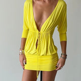 Daiiibabyyy  Solid Deep V Neck Mini Dress Women Short Sleeve Drawstring Front Gathered Waist Cutout Ruched Bodycon Vetsido Summer Club Gowns