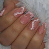 Daiiibabyyy 24Pcs Simple French False Nails Short Ballet Fake Nails with Butterfly Rhinestone Design Press on Nails Wearable Nail Tips